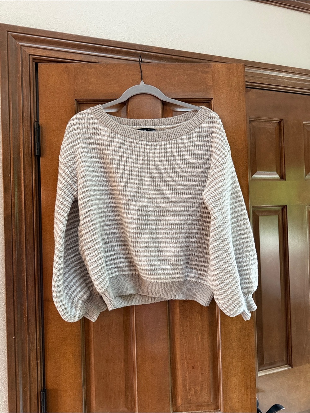 SHEIN Beige & Cream Waffle Knit Crewneck Sweater